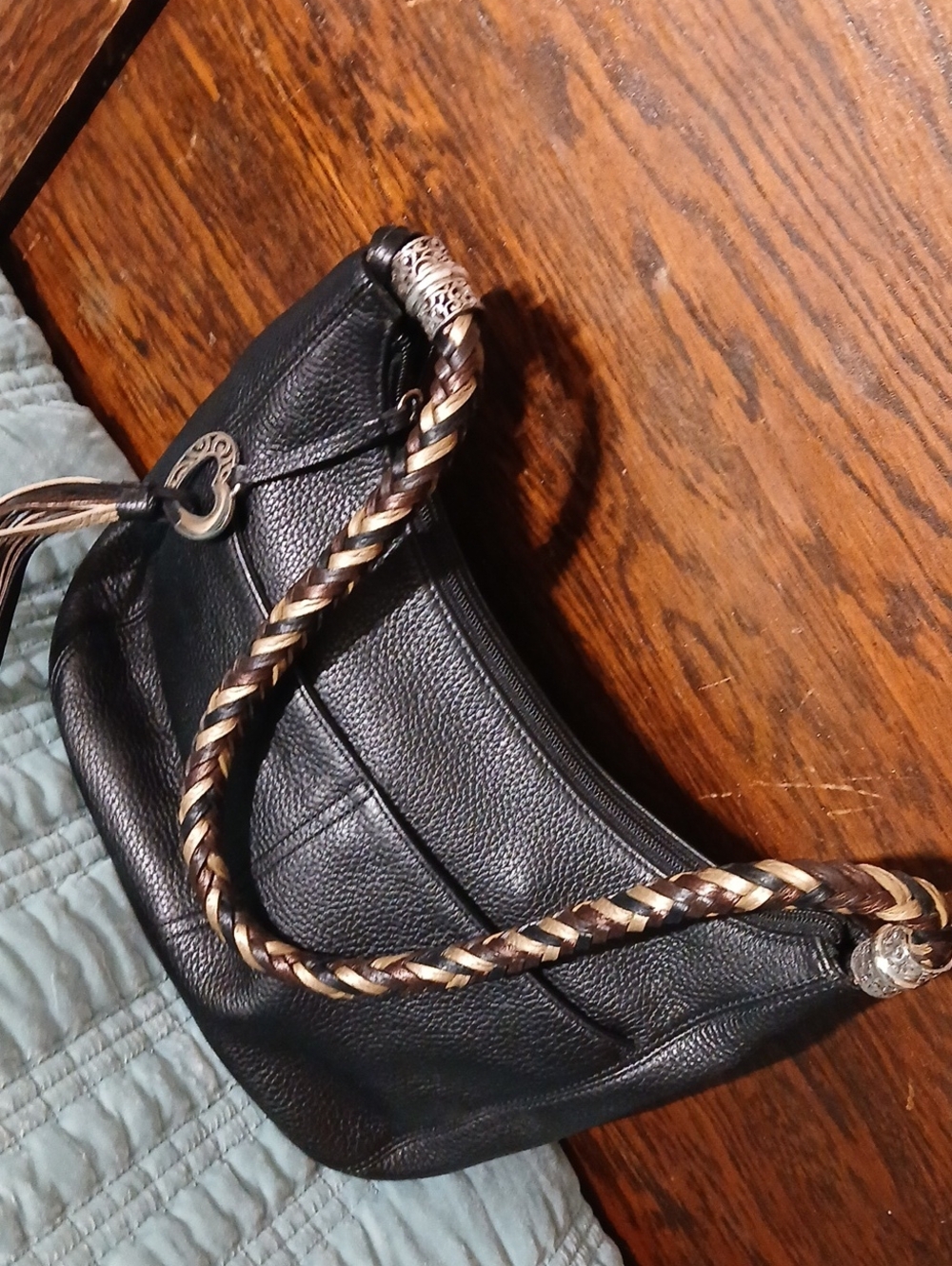 Brighton 'D954625' Black Leather Shoulder Bag with Braided Accent